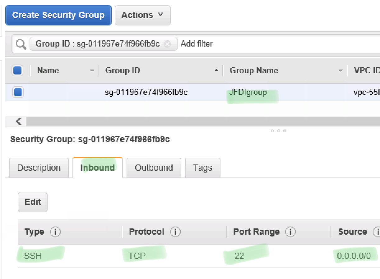 showing sec group created in aws with the rule